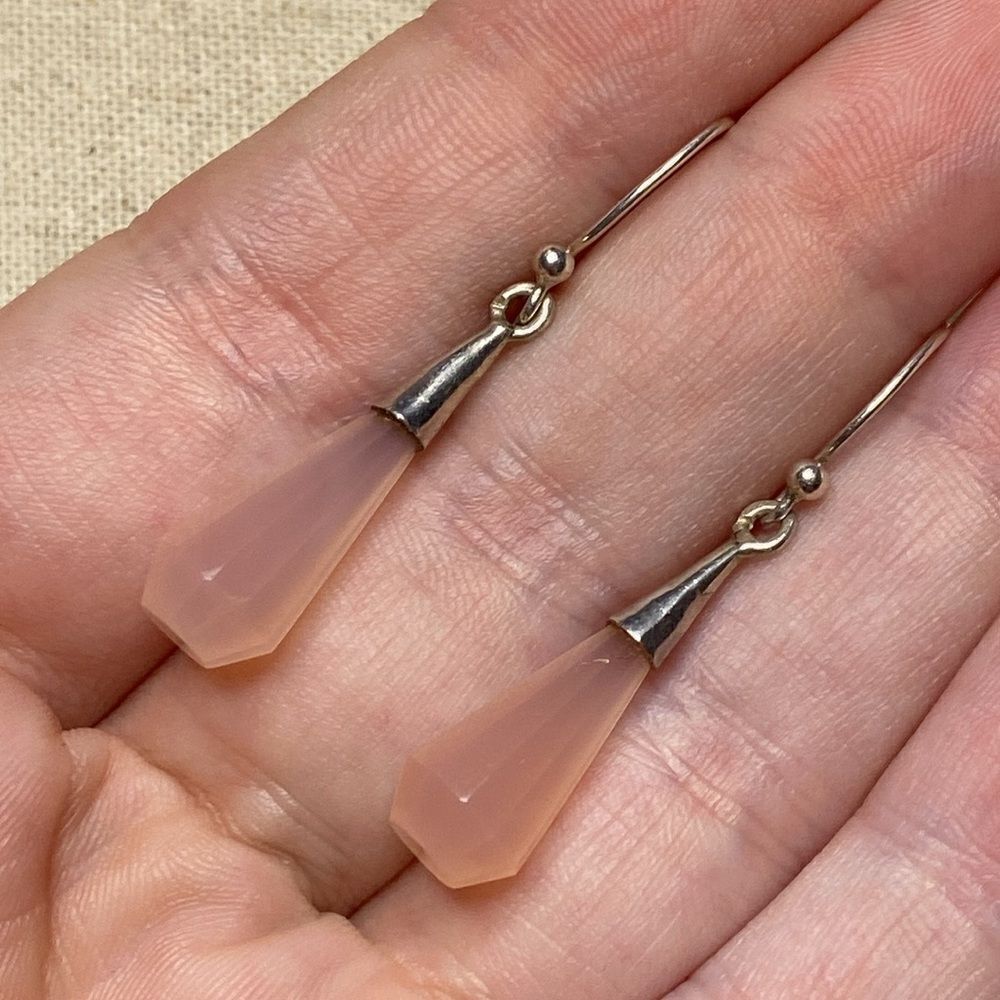 💛 Handmade Unique 925 Pink Chalcedony Drop Earrings - Picture 3 of 5